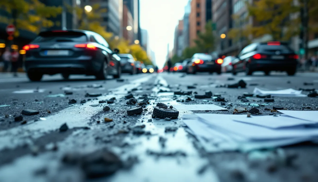 A conceptual image representing the process of proving fault in an aurora car accident, featuring blurred cars and accident scene elements.