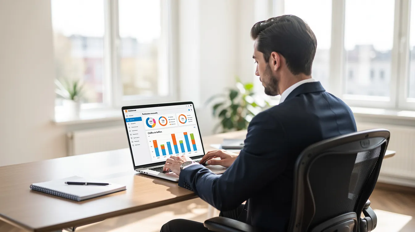 Un professionnel examine un tableau de bord analytique sur un ordinateur portable dans un bureau lumineux, mettant en avant des fonctionnalités de gestion locative essentielles pour les propriétaires bailleurs. L'interface claire permet de suivre les loyers et les dépenses, assurant ainsi une gestion efficace des biens immobiliers.