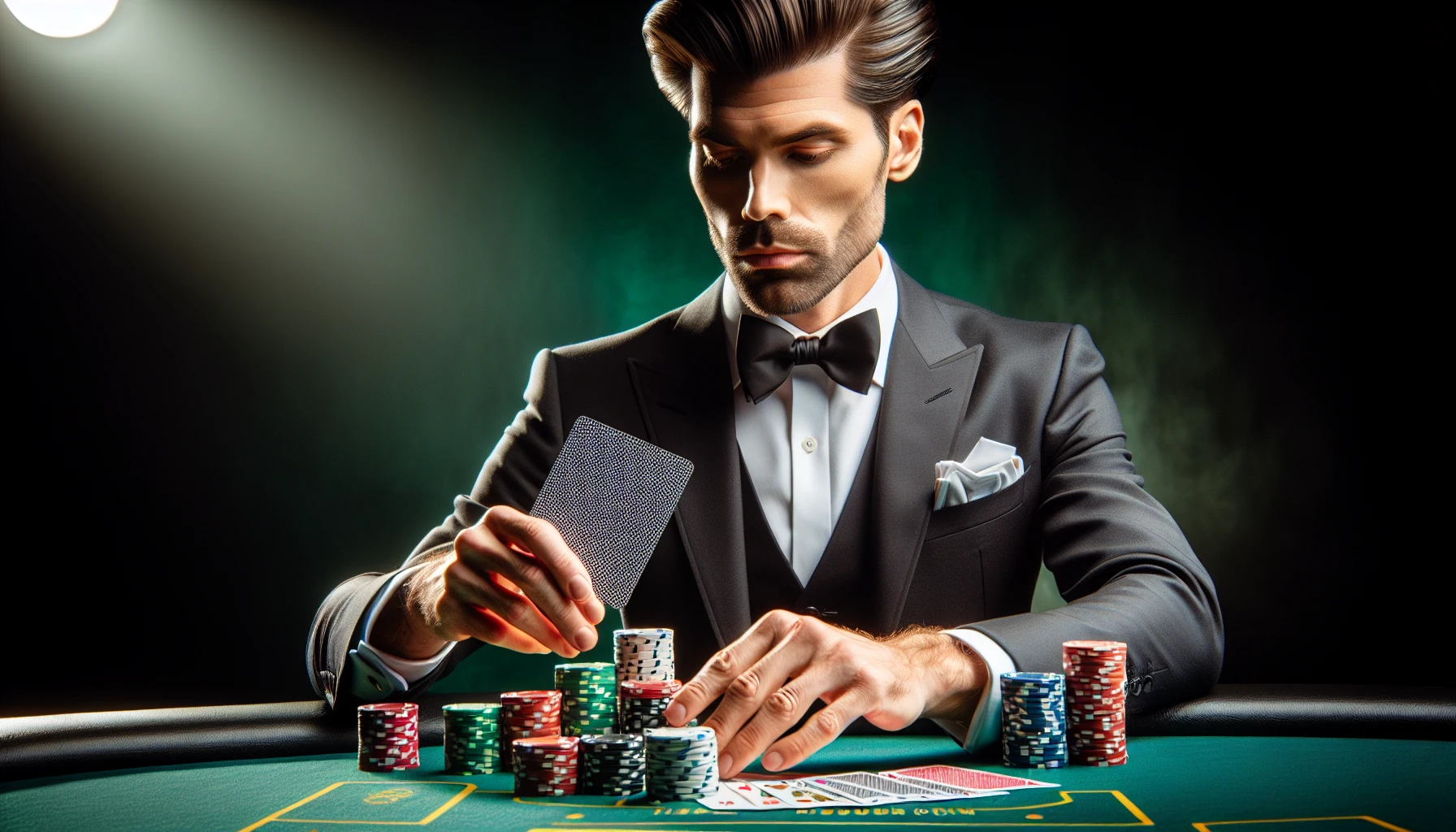 Illustration of a casino dealer demonstrating excellent card handling and chip management skills