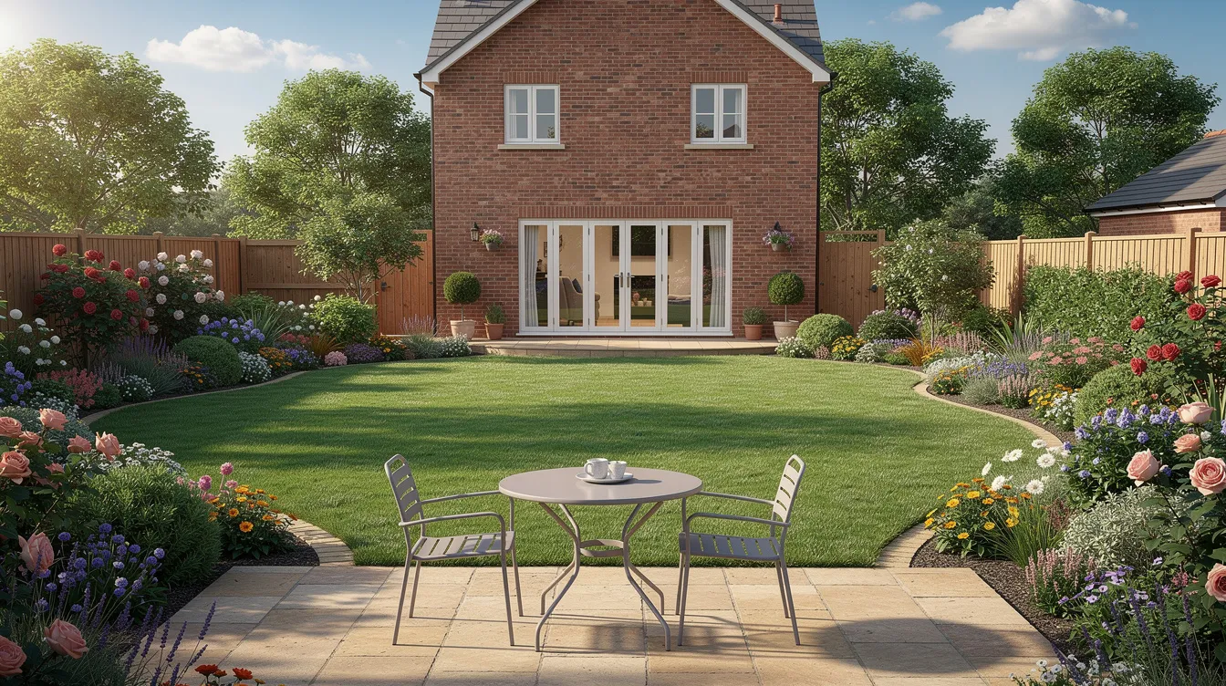 The image depicts a lush green suburban lawn in a UK back garden, featuring smooth stalked meadow grass and vibrant flowering plants along the borders. A sunny summer day enhances the beauty of the ornamental lawns, while a patio invites relaxation amidst the well-maintained grass.