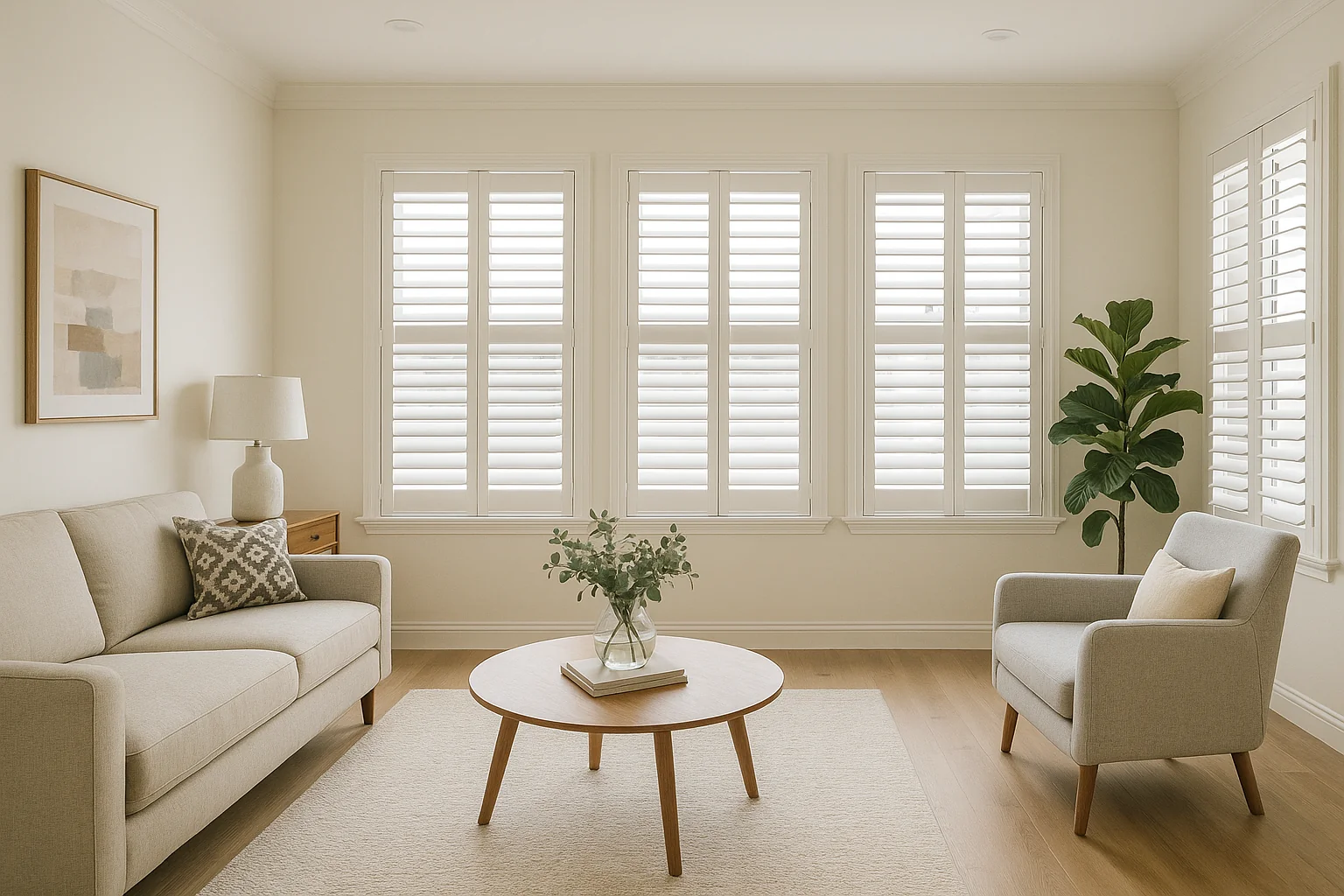 "Living room featuring made-to-measure shutters adding property value"