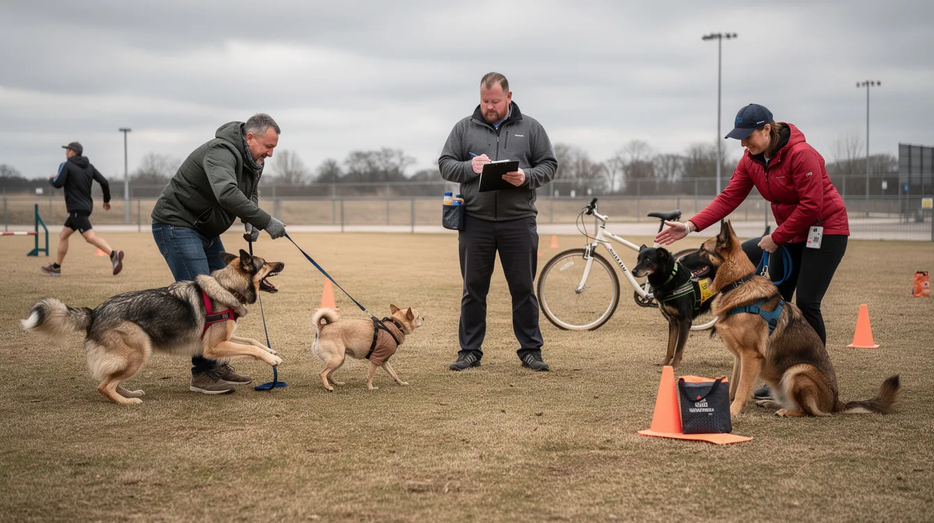 The image depicts a dog on a leash, displaying signs of reactivity as it observes another dog in a park setting. The dog's body language suggests heightened alertness, illustrating the challenges of reactive behavior and the importance of training plans for dog owners dealing with such situations.