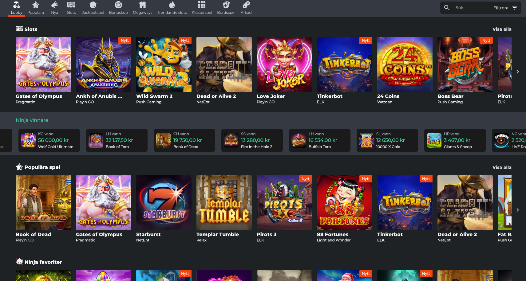 Ninja casinos spelutbud
