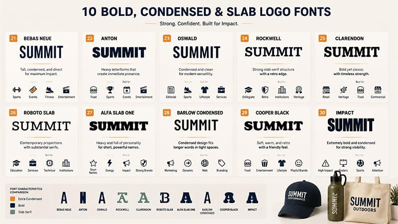 Bold condensed and slab serif logo fonts designed for strong visual impact and brand recognition