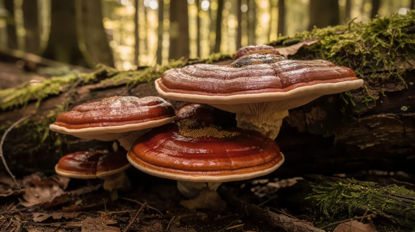 The image depicts reishi mushrooms, known for their adaptogenic properties, growing naturally on a log within a serene forest environment. These functional mushrooms are often associated with promoting better sleep quality and supporting relaxation, making them a popular choice in traditional Chinese medicine for those seeking restful sleep.