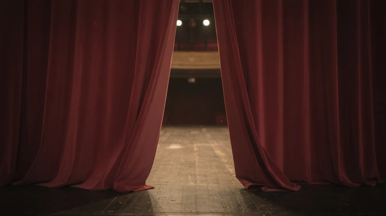 Der Blick zeigt einen sich langsam schließenden schweren Theatervorhang aus rotem Samt, hinter dem eine leere, schwach beleuchtete Bühne zu sehen ist. Diese Szenerie erinnert an das Drama und die Glanzmomente des Theaters, wie sie in "All About Eve" dargestellt werden, wo der Aufstieg und Fall von Schauspielerinnen im Mittelpunkt stehen.