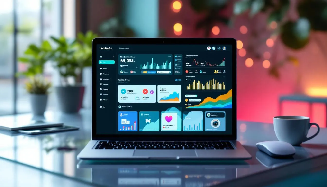 Un tableau de bord de gestion des réseaux sociaux sur un ordinateur, montrant Hootsuite en action.