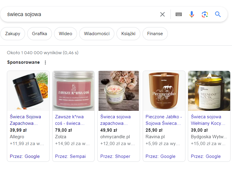 Przykład reklamy produktowej w wynikach wyszukiwania Google