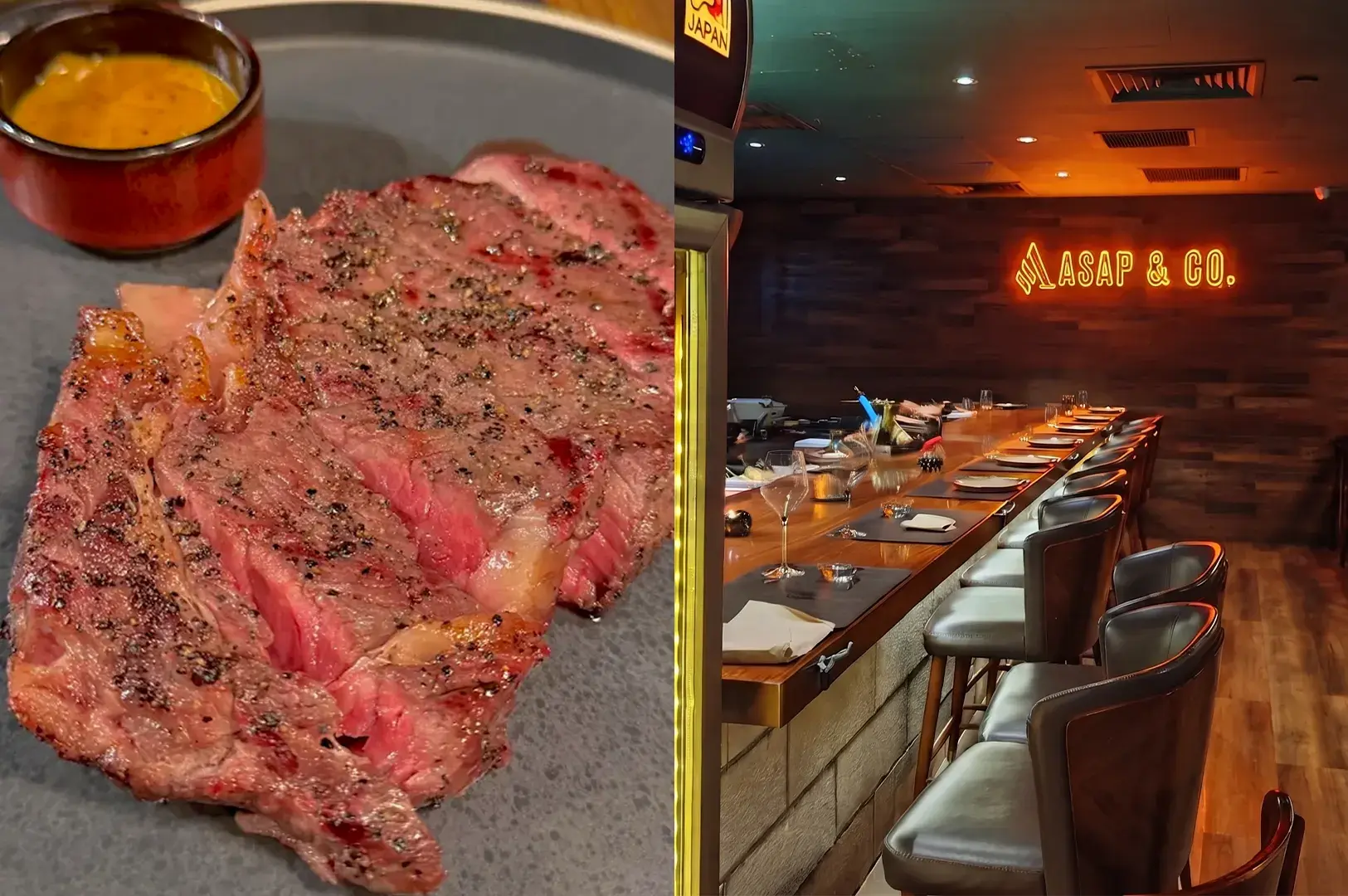 A side-by-side view featuring a perfectly seared medium-rare steak on a plate and the elegant wood-paneled interior of Asap & Co. restaurant.