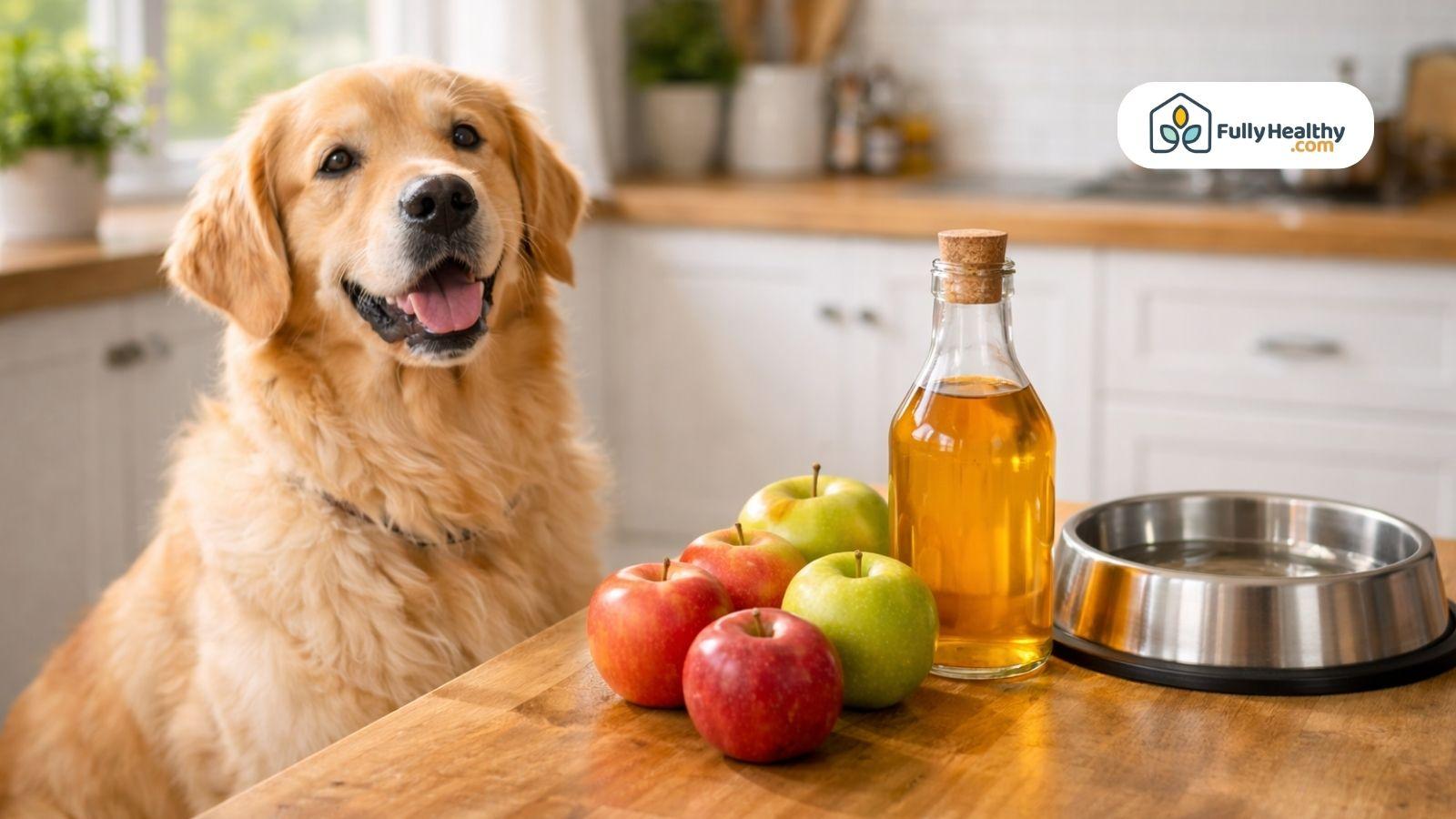 Golden retriever beside apples vinegar bottle and water bowl in kitchen