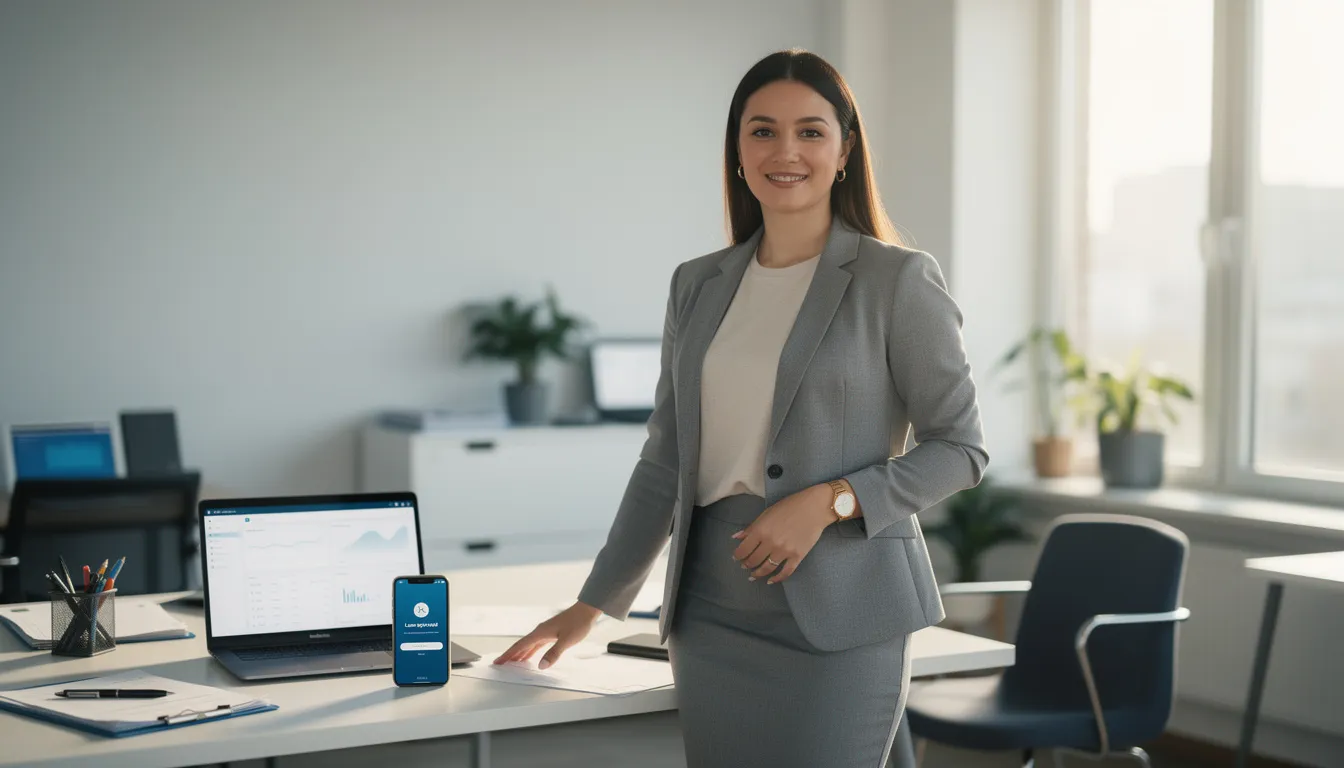 A confident small business owner stands in a bright, modern workspace, exuding self-assurance after securing same-day funding with a personal loan. The individual is dressed professionally, with a laptop and organized paperwork on the desk, symbolizing financial success and growth in their business.