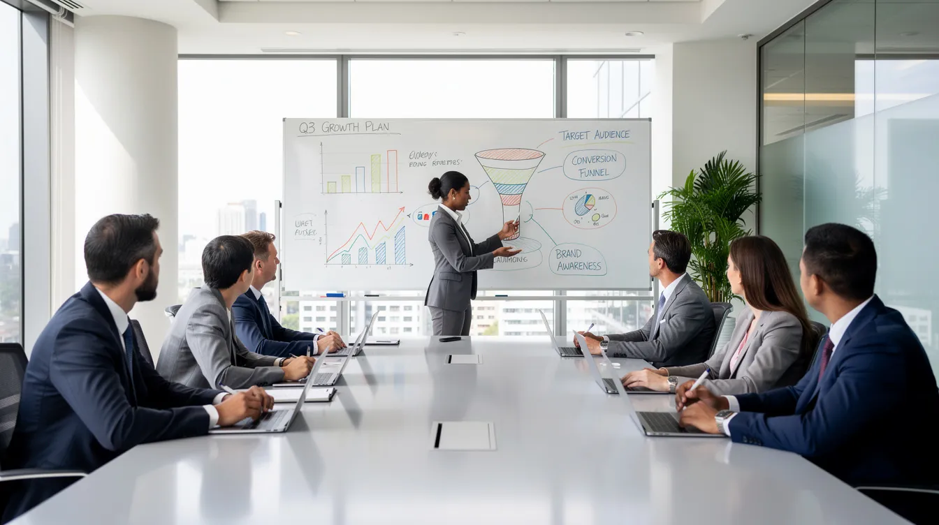 The image depicts a professional team engaged in a meeting within a modern office setting, with a whiteboard filled with charts and notes detailing their marketing strategy. This collaborative environment highlights the importance of effective SEO strategies, such as keyword research and local search visibility, for enhancing online presence and attracting local customers.