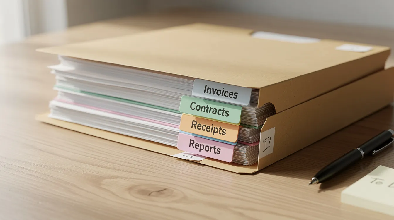 bdd72164 4046 43ae b4c8 ea56d931b00c The image depicts a wooden desk featuring a neatly organized file folder filled with documents, each section marked by labeled tabs for easy access. This arrangement may include important papers related to mudra loans, business plans, and bank statements, essential for small business owners seeking financial assistance from banks or financial institutions.