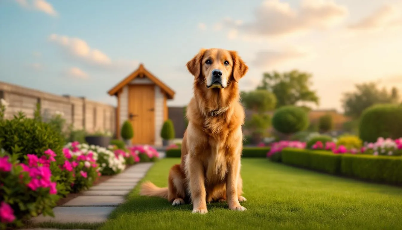 A calm, well-groomed golden retriever sits peacefully in a tidy garden filled with purple lucky flowers, embodying the gentle soul of a dog zodiac sign. This serene setting highlights the dog
