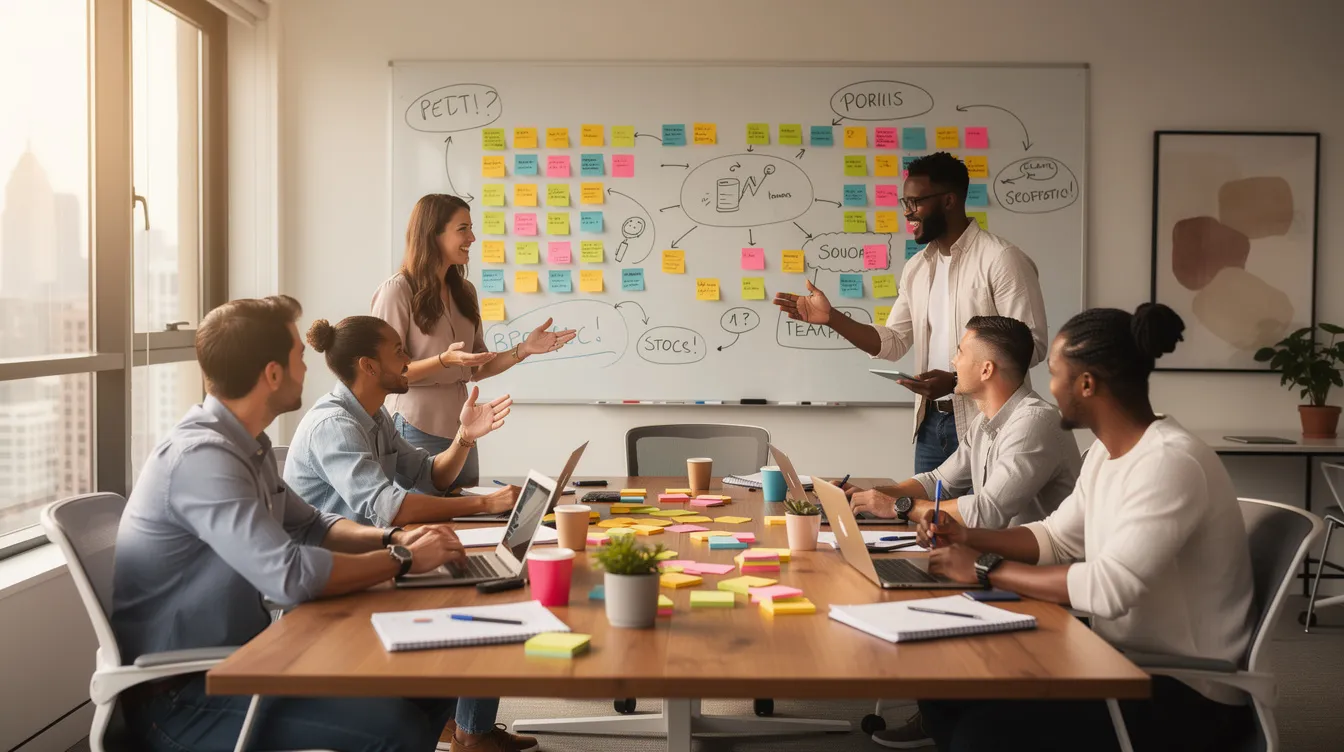 Une équipe de collaborateurs est réunie autour d'une table, échangeant des idées tout en utilisant des post-its et un tableau blanc pour visualiser leurs réflexions. Cette scène illustre l'importance de la gestion du stress au travail et du bien-être des salariés dans un environnement collaboratif.
