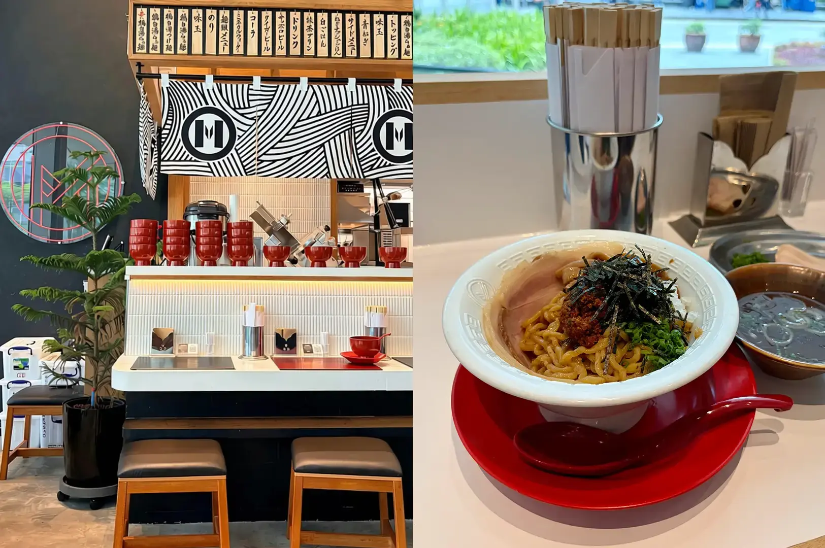 MENSHO X interior with modern counter, black-and-white wave pattern, red bowls on display, and mazesoba bowl with nori and toppings.