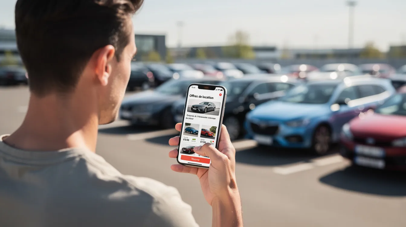 Une personne consulte des offres de location de voiture sur son smartphone, se tenant devant un parking automobile où sont garés divers véhicules. Cette scène illustre la recherche de solutions de location longue durée, mettant en avant les besoins des particuliers et des entreprises au Maroc.