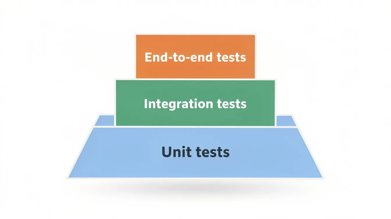 L'image représente une pyramide de tests en couches, avec des blocs colorés illustrant les différents niveaux de tests, où les tests unitaires forment la base solide et les tests de bout en bout se situent au sommet. Cette représentation visuelle met en évidence l'approche structurée du processus de test, essentielle pour une automatisation des tests efficace et la gestion des données de test dans le développement logiciel.