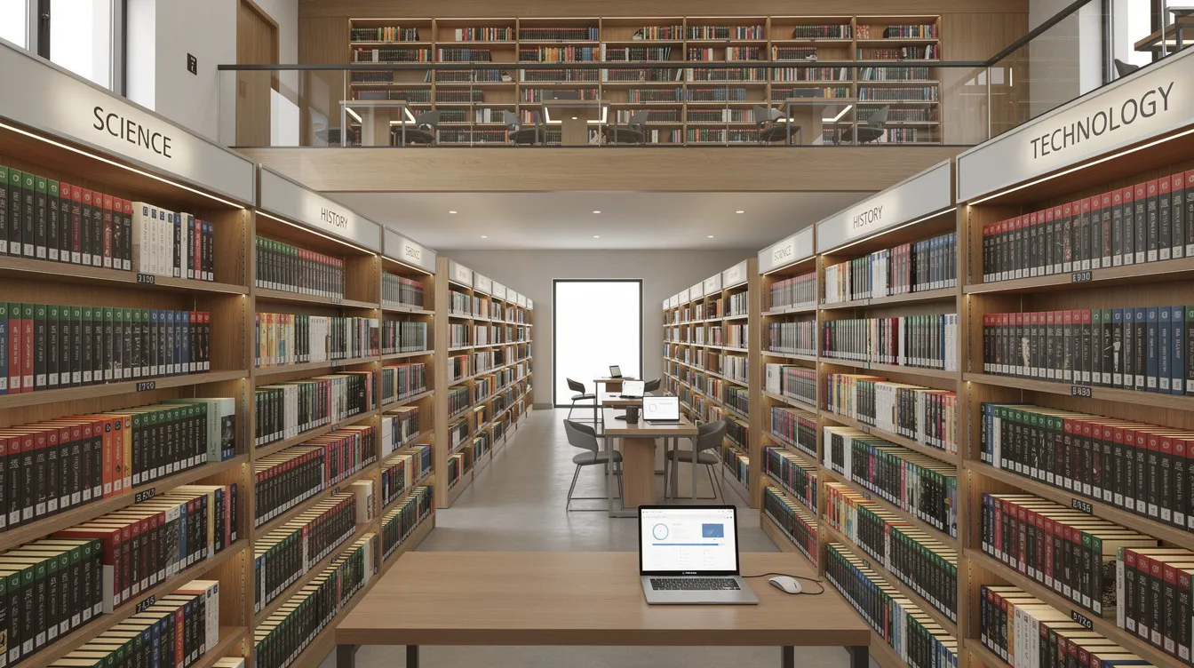 The image depicts a well-organized library with neatly arranged bookshelves, symbolizing structured knowledge retrieval and efficient information organization. This setting reflects the principles of responsible AI and the importance of model training in facilitating autonomous AI agents' ability to manage complex tasks effectively.