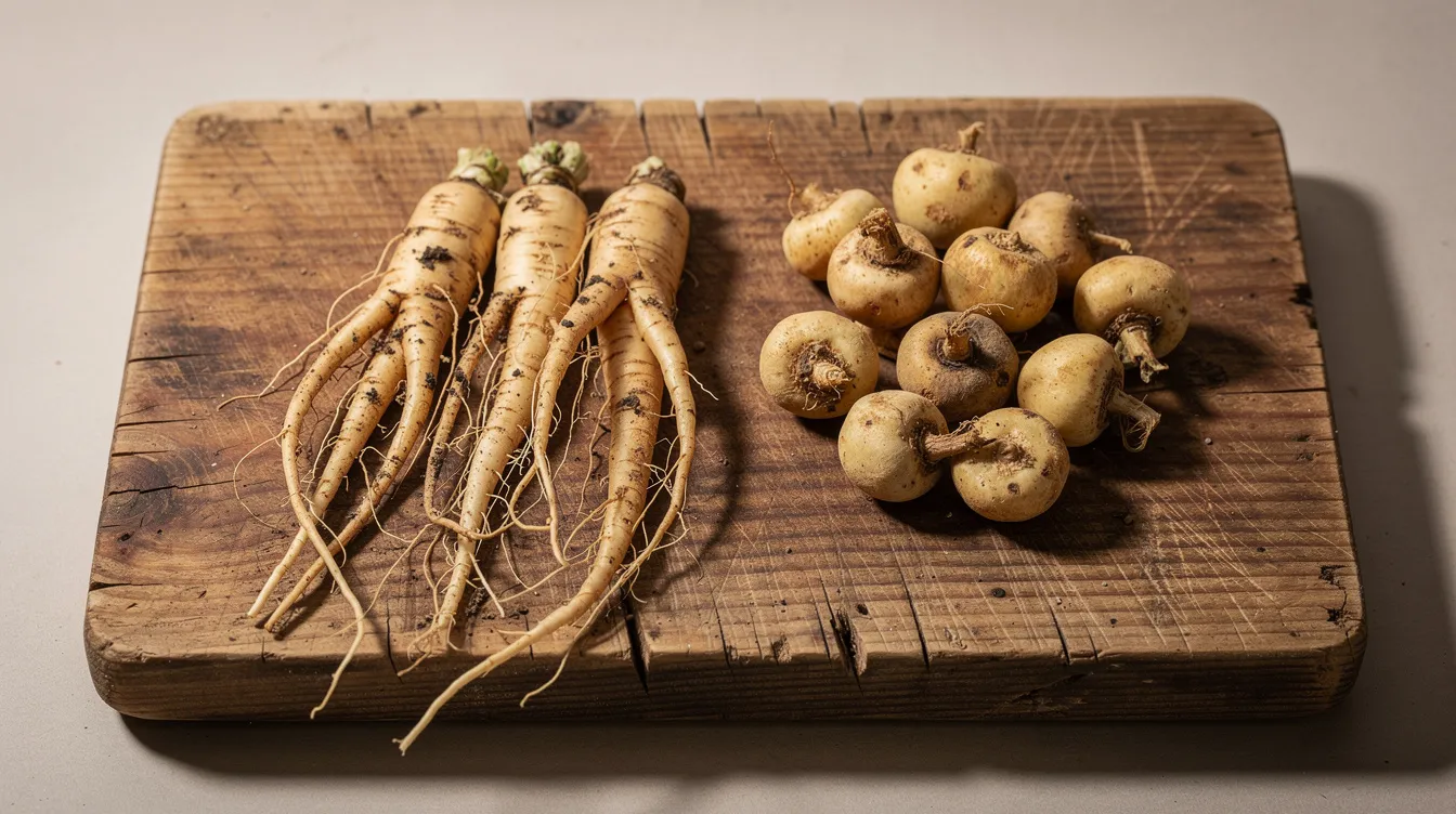 The image features fresh ginseng root and maca root arranged on a rustic wooden cutting board, symbolizing natural dietary supplements that may help improve erectile function and boost blood flow. These roots are often associated with enhancing sexual performance and overall health.