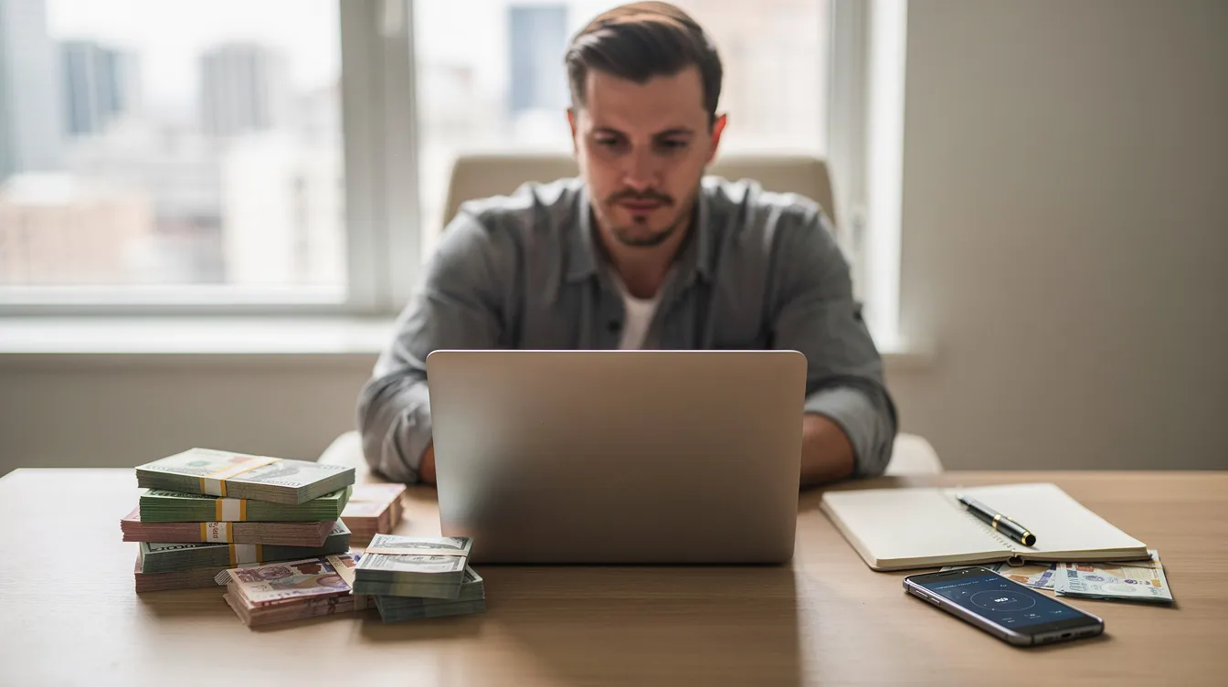 A freelancer sits at a desk with a laptop, surrounded by stacks of various currency notes, symbolizing the complexities of international payments and cross-border transactions. This image reflects the financial landscape freelancers navigate when accepting payments from international clients, highlighting the importance of platforms like Payoneer and Stripe for managing multiple currencies and transaction fees.