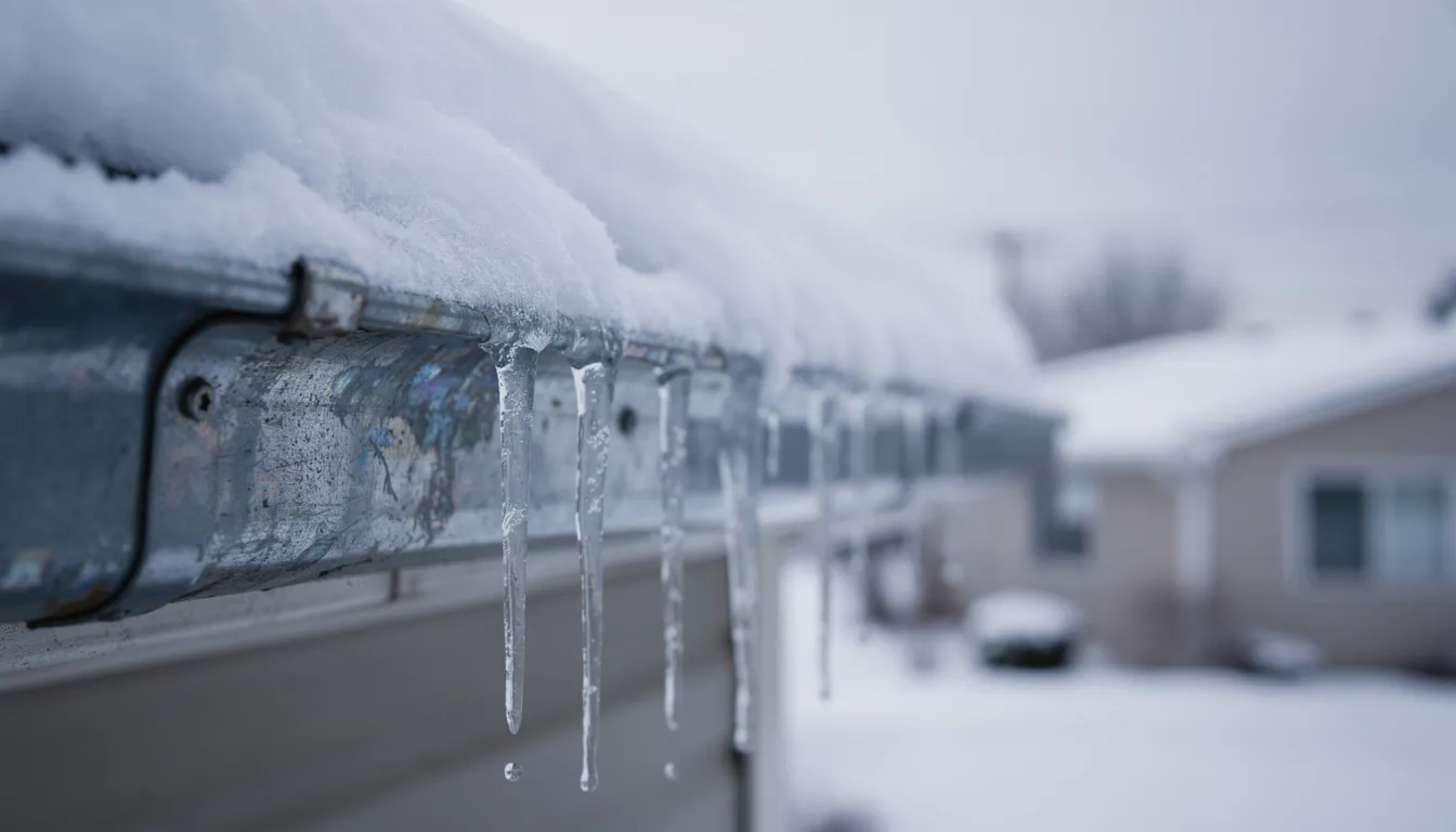 Icicles hang from a residential roof gutter, with snow covering the roof surface, indicating potential signs of poor attic ventilation. This situation can lead to uneven roof temperatures and ice dams, which may result in further roofing issues if not addressed properly.