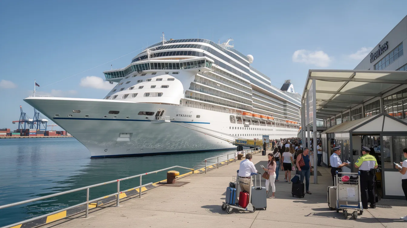 A large cruise ship is docked at a busy port, with passengers boarding and disembarking, ready for their journey to America. The scene captures the excitement of travel, highlighting the importance of obtaining the necessary documents like a US visitor's visa or ESTA for a smooth trip.