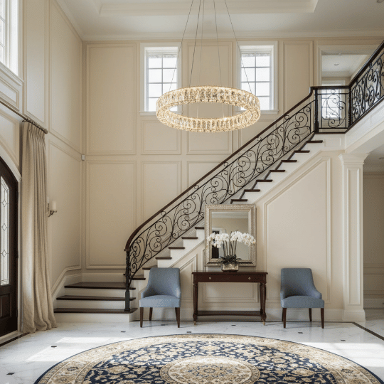 An elegant foyer featuring a grand staircase and a circular crystal chandelier that highlights timeless foyer chandelier ideas for sophisticated entryways.