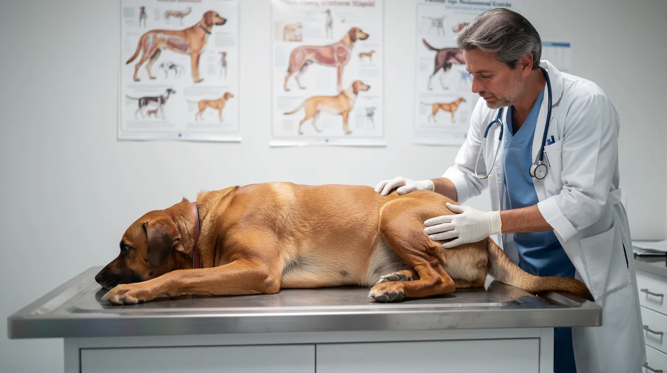 A veterinarian is gently examining the hind legs and hip area of a large brown dog lying on an examination table, assessing for signs of hip dysplasia and hip pain. The dog's relaxed posture suggests a routine check-up, highlighting the importance of early diagnosis and treatment in managing canine hip dysplasia.