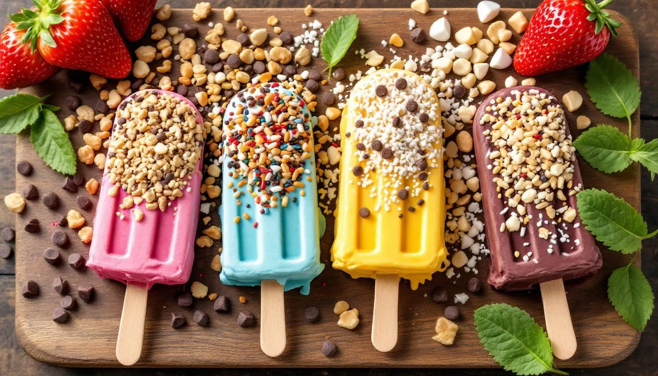 The image showcases a variety of colorful ice cream bars arranged on a wooden board, each topped with ingredients like chocolate chips and peanut butter powder, presenting an appetizing and vibrant display. These protein ice cream bars are perfect for satisfying a sweet tooth while offering a delicious, high-protein treat.