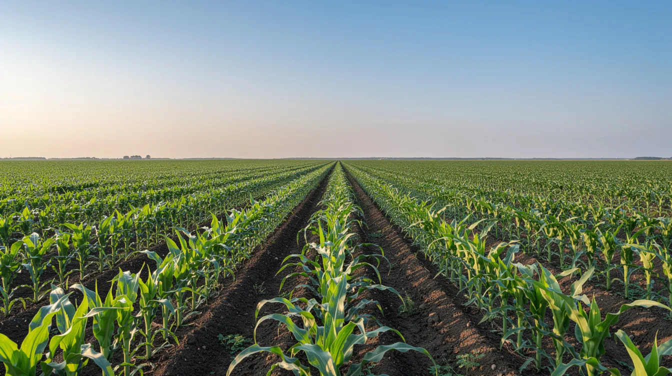 bde53bf8 0fed 4389 9111 4523e2659a3f The image depicts an expansive agricultural field with rows of vibrant green maize crops growing under a clear blue sky, highlighting the agricultural potential that supports ethanol production capacity in India. This scene reflects the importance of grain-based distilleries in enhancing ethanol production and contributing to sustainable energy initiatives.