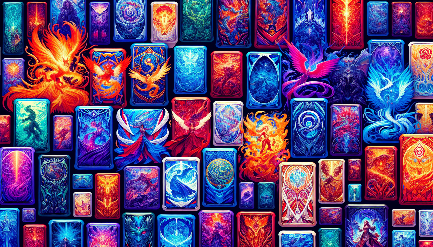 An illustration showcasing personalized Magic card sleeves with various designs and colors.