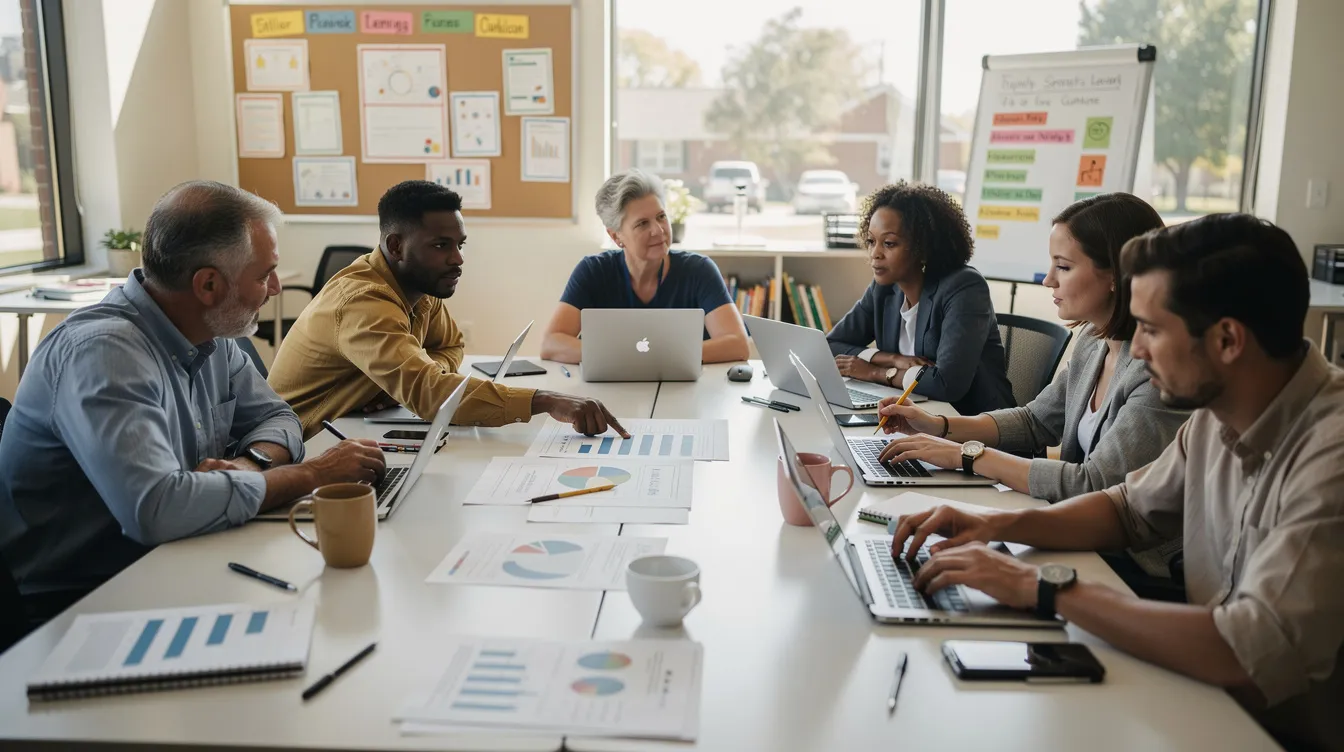 The image shows a group of teachers collaborating around a table, engaged in a professional learning community meeting with laptops and papers, discussing lesson plans and strategies to enhance student progress and critical thinking skills. Their positive attitude reflects a commitment to effective classroom activities and constructive feedback for continuous improvement in teaching practices.