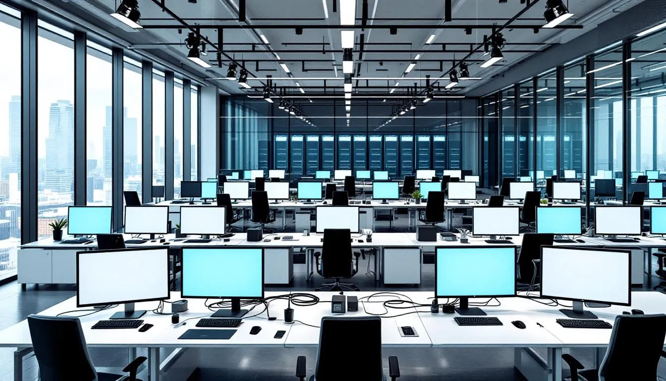 Das Bild zeigt ein modernes Büro mit vernetzten Computern und einer umfangreichen IT-Infrastruktur, die für die Unterstützung von Mitarbeitern und die Lösung von IT-Problemen ausgelegt ist. In diesem Umfeld arbeiten IT-Support-Mitarbeiter, die First-Level- und Second-Level-Support bieten, um die Bedürfnisse des Unternehmens effizient zu erfüllen.