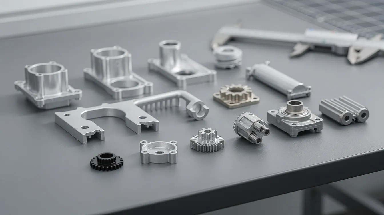 A close-up view of various precision aluminum and zinc die cast components is displayed on an inspection table, showcasing the intricate details and high-quality finishes of the die casting parts. The image highlights the advanced technology and precision die casting process used in the manufacturing of these components, emphasizing their suitability for applications in the aluminum die casting industry.