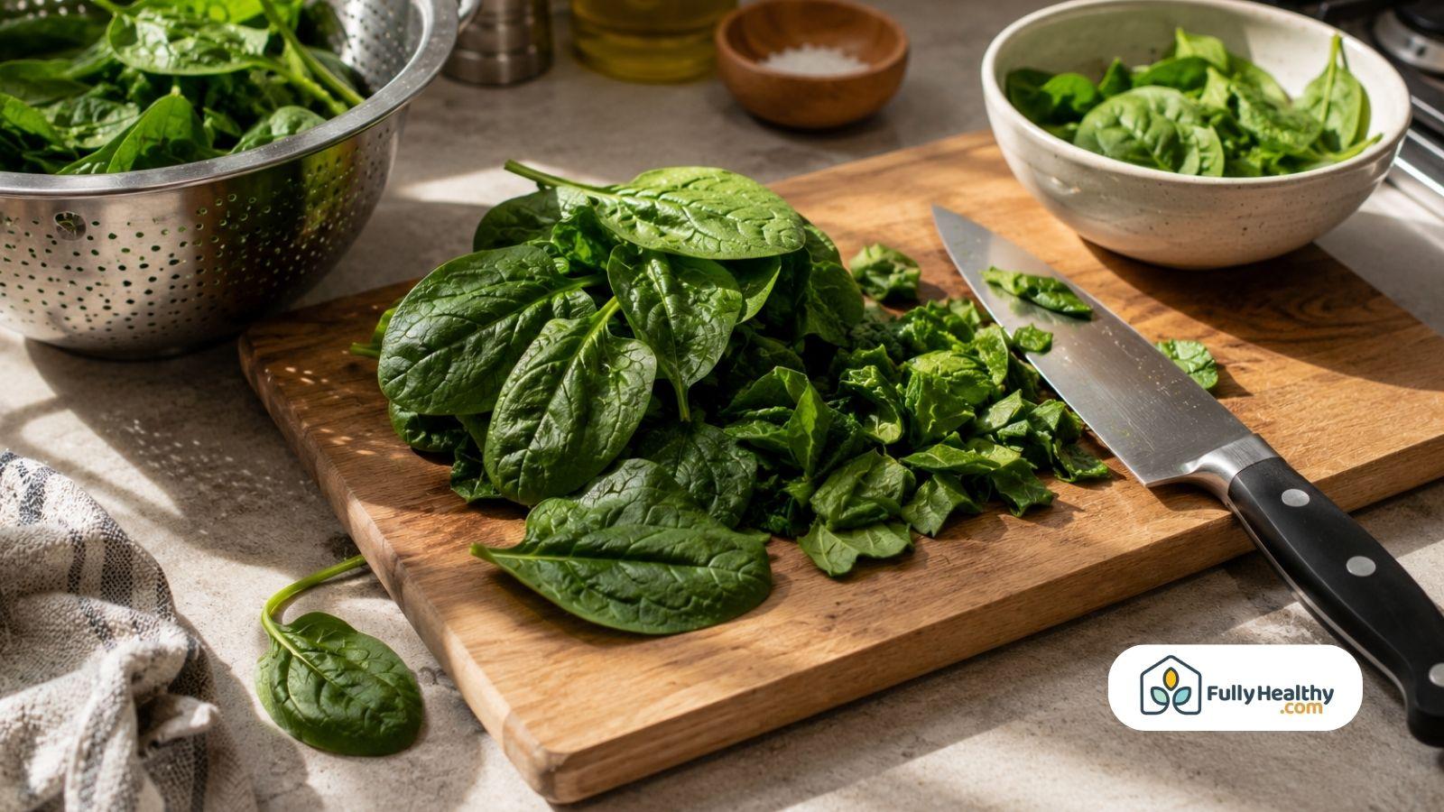 Fresh spinach being chopped on a wooden cutting board with a chef's knife.