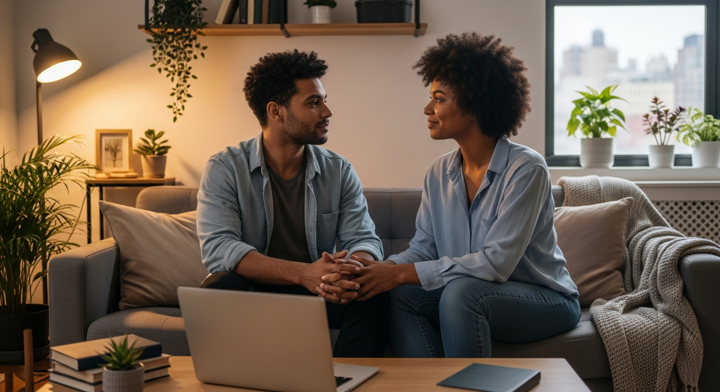Multiracial couple on a sofa in a New York apartment looking at each other after an online therapy session.