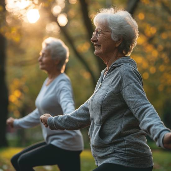 Elderly women in park exercising with body aches and chronic pain, sore throat and general body ache