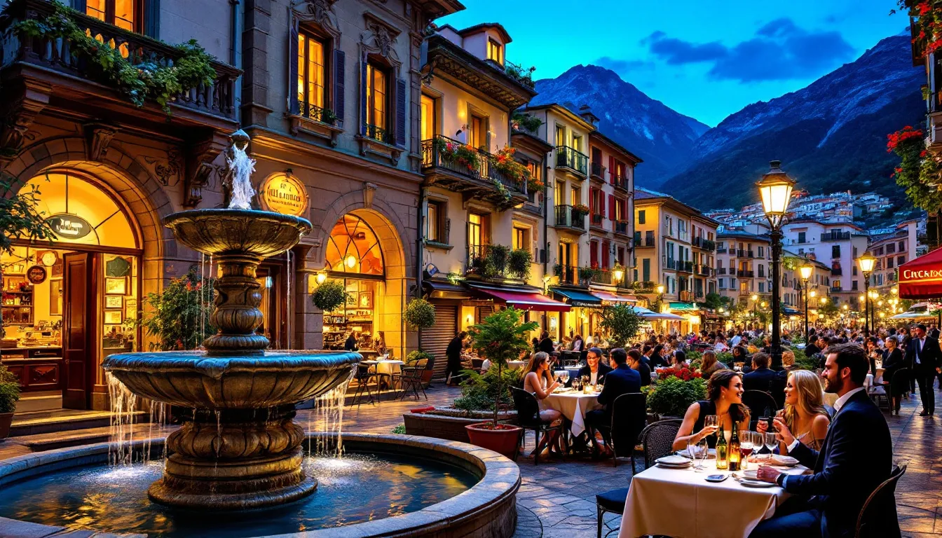 A vibrant nightlife scene in Andorra la Vella, with people dining and enjoying drinks.