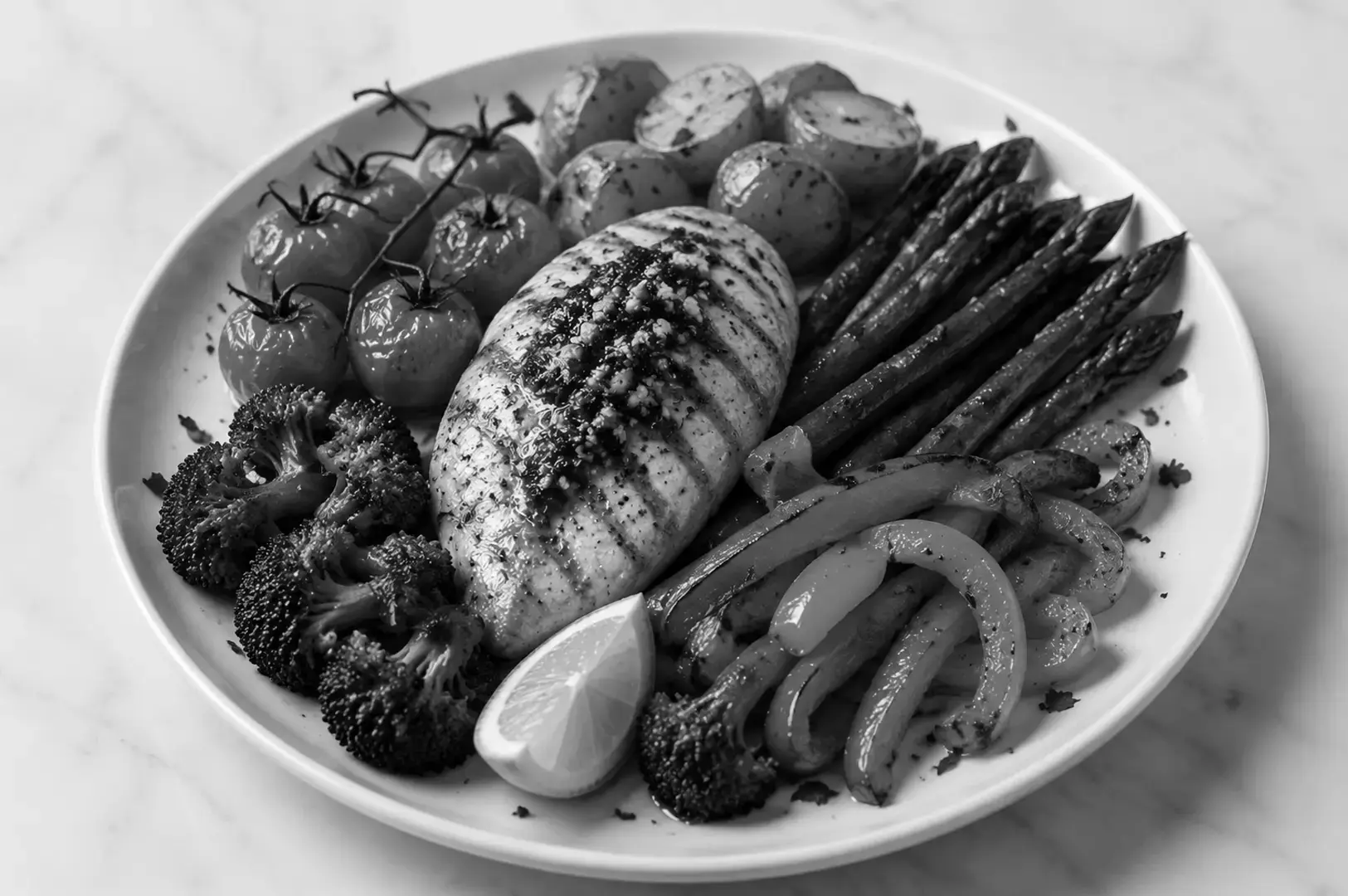 A seafood-inclusive meal featuring fish with vegetables and other plant-based sides.