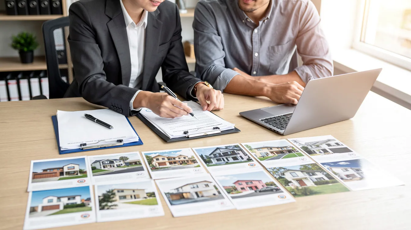 The image depicts two individuals collaborating at a desk, surrounded by documents, a laptop, and property photos, likely discussing real estate investment opportunities and reviewing loan agreements related to hard money loans. Their focus suggests they are strategizing on financing options for potential investment properties.