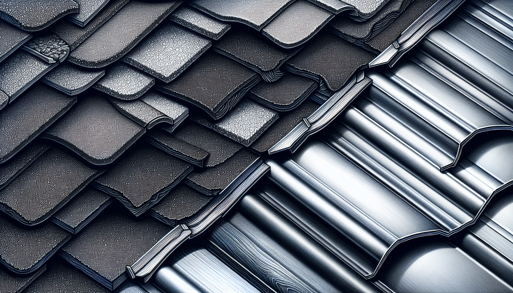 Illustration comparing asphalt shingles and metal roofing materials