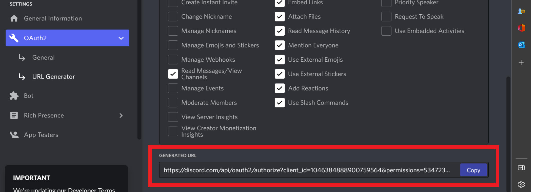 Screenshot highlighting the authorization URL of a Discord bot.