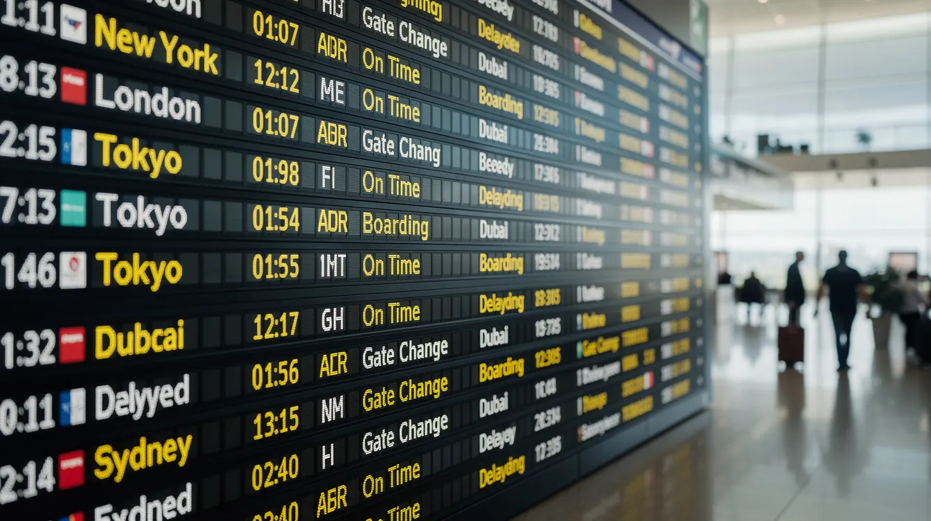 The image depicts a busy airport departure board filled with various flight destinations, including locations in Northern Ireland, the UK, and Germany, reflecting the excitement of travel. Passengers can see scheduled flights for the week, indicating safe journeys to popular spots like London and the coast of Ireland.