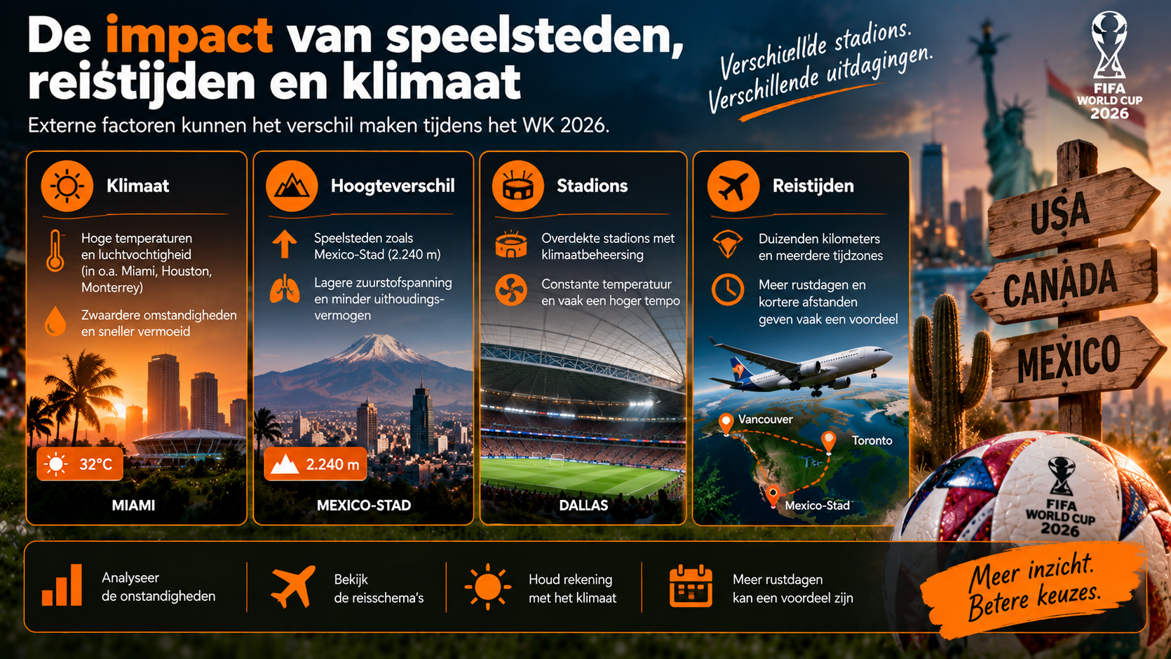 Impact van speelsteden, reistijden, klimaat en hoogteverschillen op wedstrijden tijdens het WK 2026.
