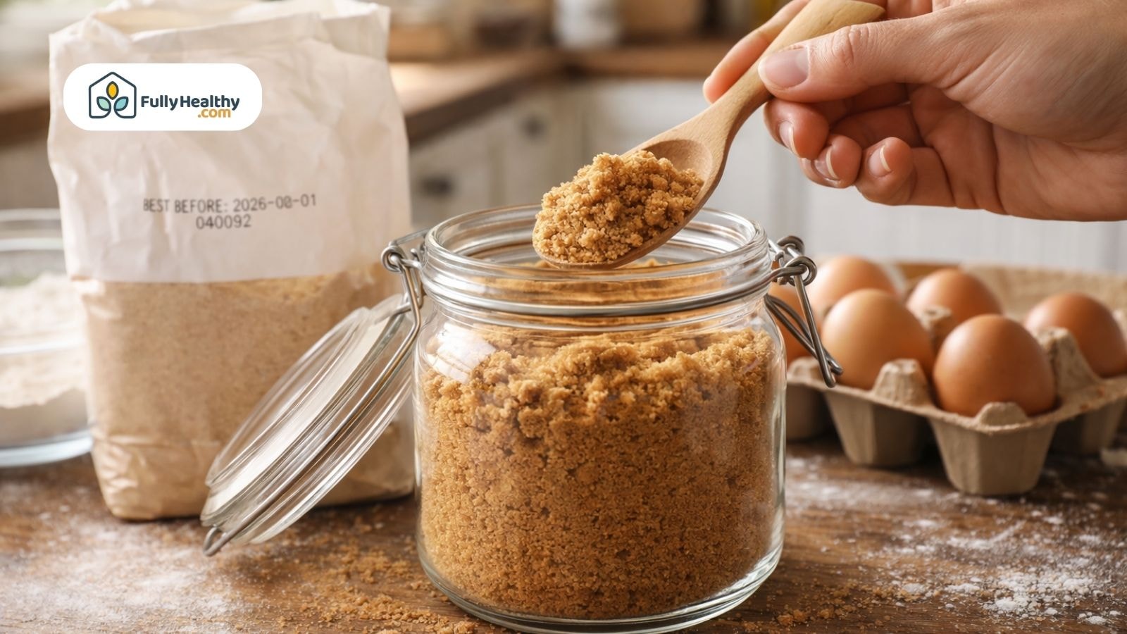 Hand scooping brown sugar from airtight jar next to flour and eggs