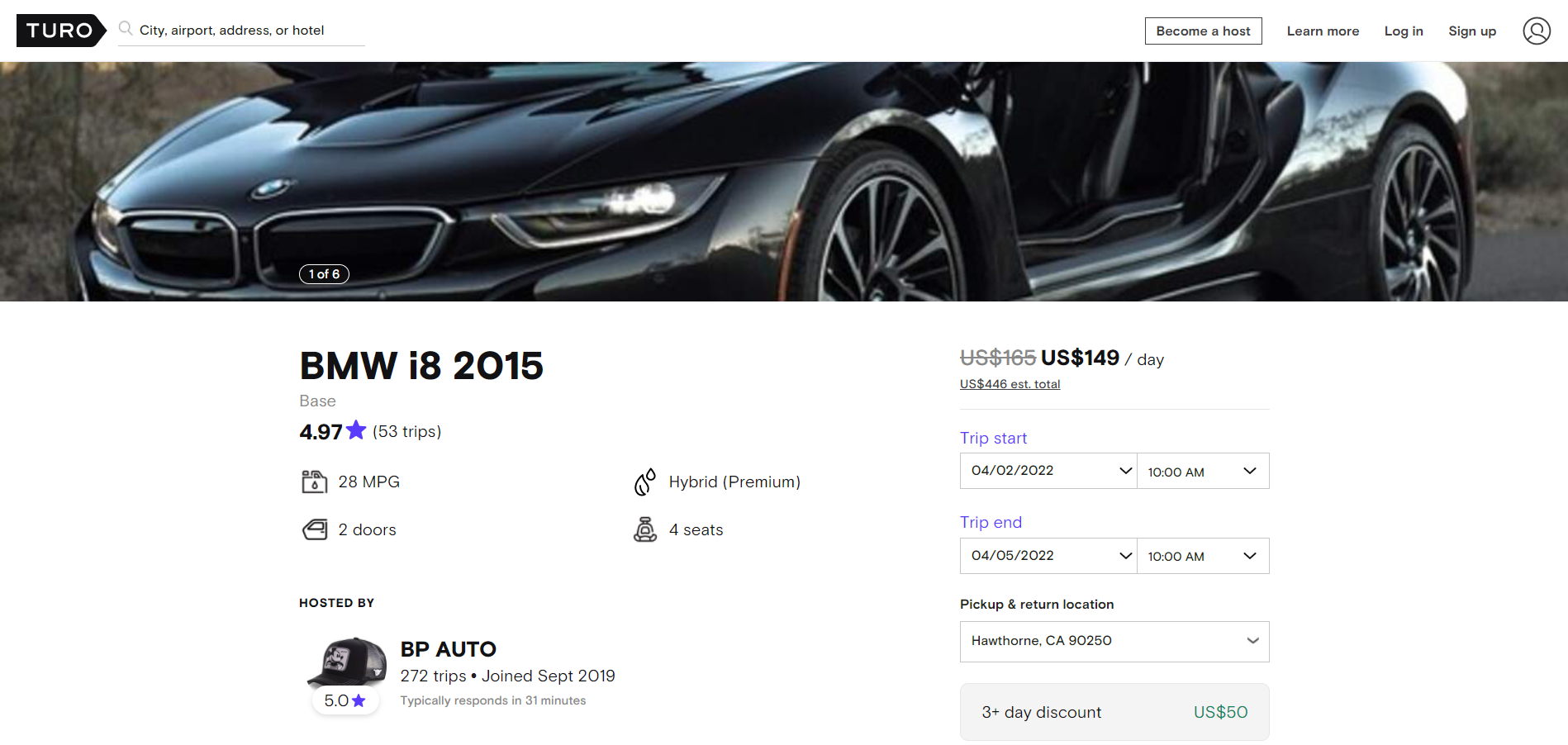 An example of a car listing on Turo