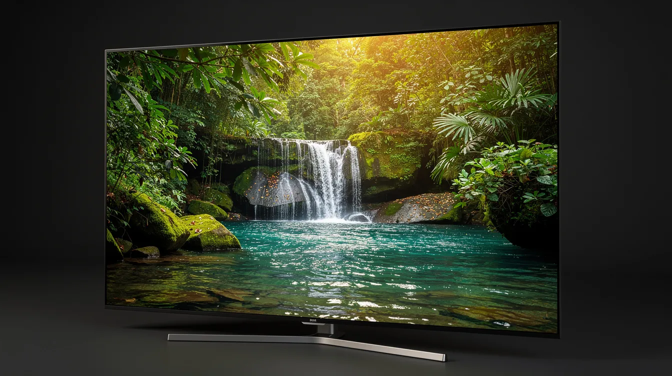 A close-up of a modern 4K television screen displays a vibrant nature scene with rich colors and intricate details, showcasing the high-quality streaming capabilities of smart TVs. This image highlights the enhanced video quality that can be experienced with reliable IPTV services and seamless streaming on multiple devices.