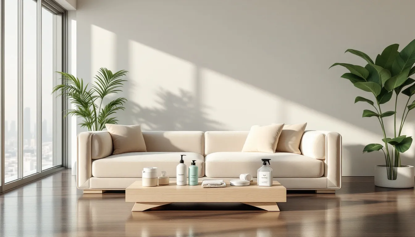 Eco-friendly cleaning solutions being used for sofa cleaning.