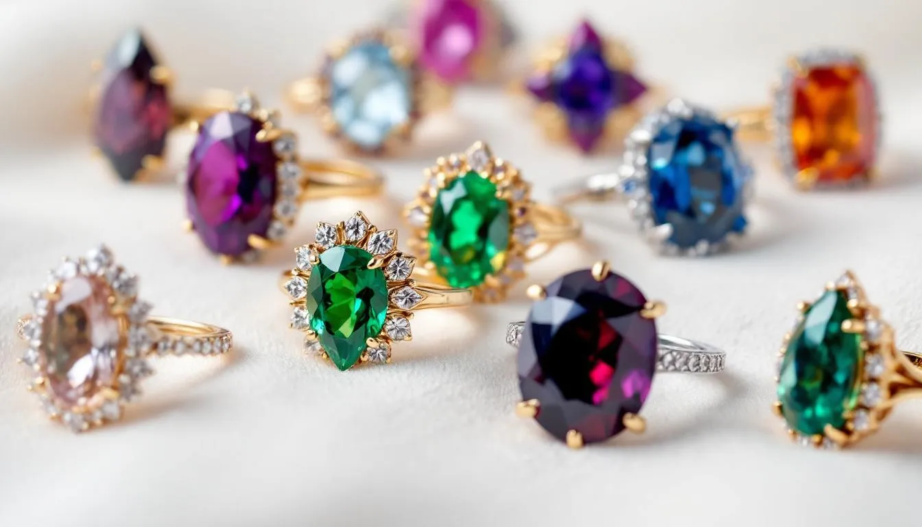An array of colorful cocktail rings showcases a variety of gemstones, including sapphires, emeralds, and diamonds, each featuring unique designs that make bold fashion statements. These statement rings are perfect for special occasions or everyday wear, adding a touch of glamour to any jewelry collection.